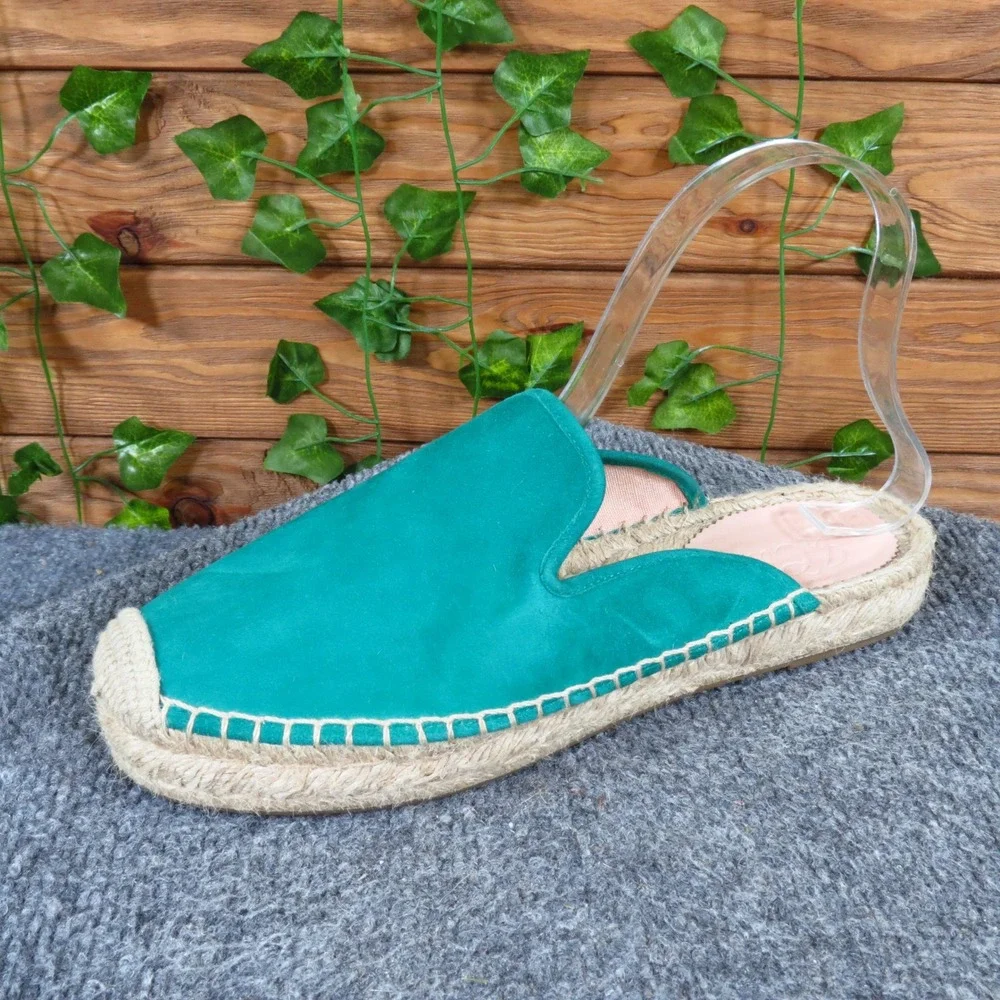 J. Crew AY314 Womens Suede Espadrille Mules 7.5 Summer Slip On Teal Green